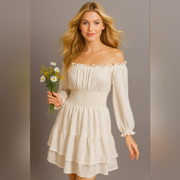 Unbranded Dresses & Skirts - Women’s White Off Shoulder Smocked Waist Tiered Ruffle Mini Dress Size Large Y2K